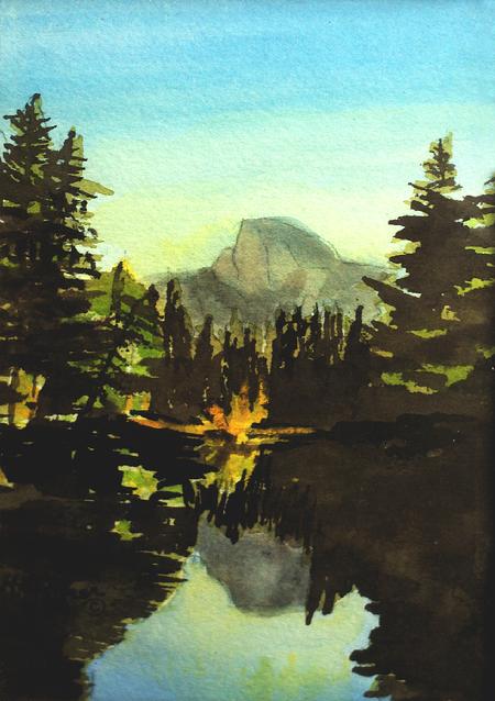 Yosemite Half Dome Reflection, Yosemite National Park, California:  Original watercolor by Marie Haeffner-Reeves