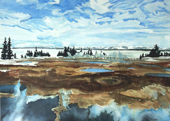 Yellowstone Lake in Winter,  Wyoming:  Original Watercolor by Marie-Haeffner-Reeves